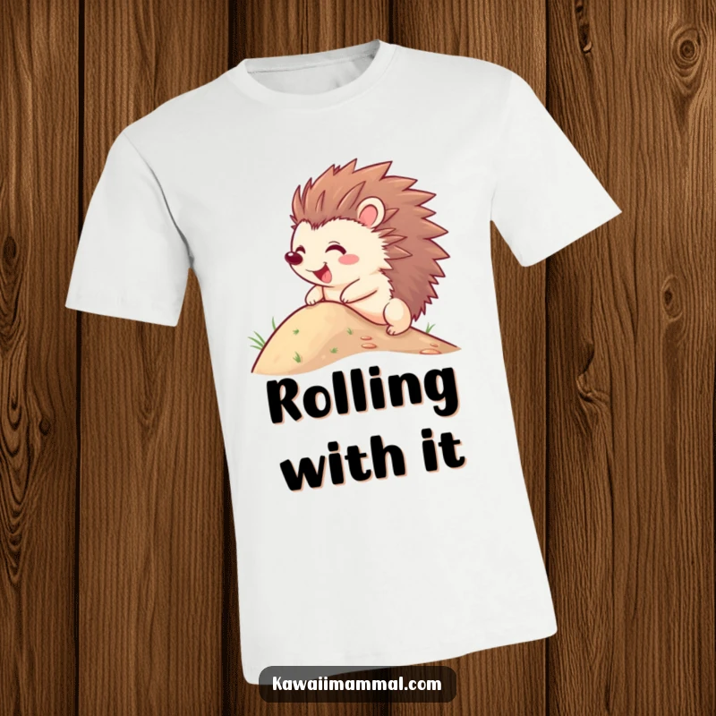 Funny Hedgehog T-Shirt depicting a joyful character, quills out, hilariously trying to roll down a hill with boundless energy and a smile.