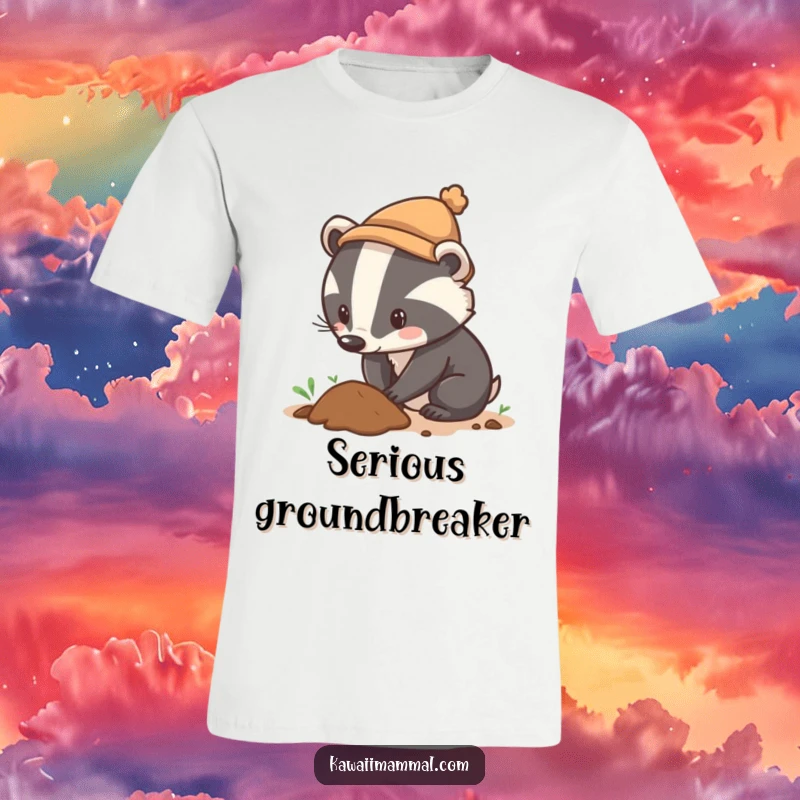 Funny t-shirt graphic of a badger in a small hat digging with focused determination, highlighting its persistent and curious nature.