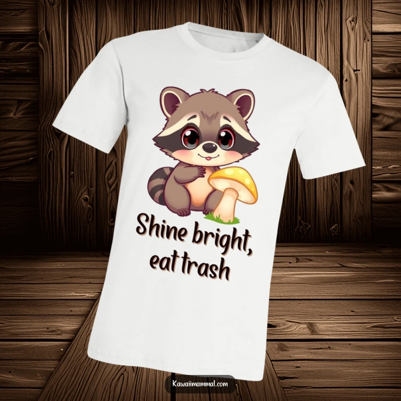 Funny T-Shirt: A curious raccoon with large, bright eyes is captivated by a glowing mushroom, showcasing enchantment and mischief.