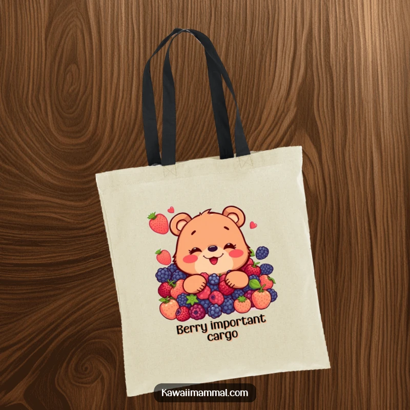Funny tote bag featuring a grinning bear character greedily enjoying a colossal pile of assorted, colorful berries, ready for a feast.