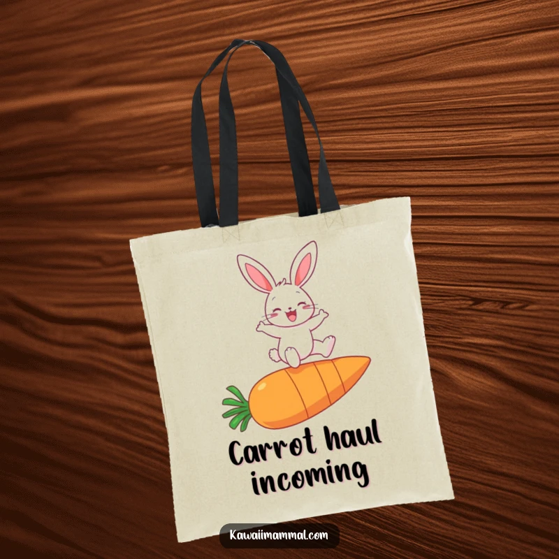 Funny tote bag with a cheerful bunny character soaring over a massive carrot, exuding pure joy and playfulness.