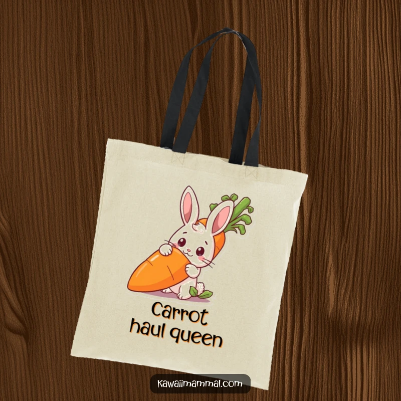 Funny rabbit peeking from behind a large carrot on a tote bag, ideal for carrying essentials.