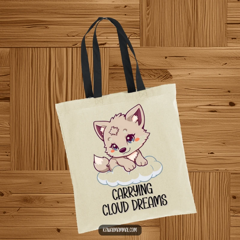 Funny Wolf Cub Tote Bag showing a playful cub with curious eyes, cautiously pouncing on a soft cloud, ready for any escapade.