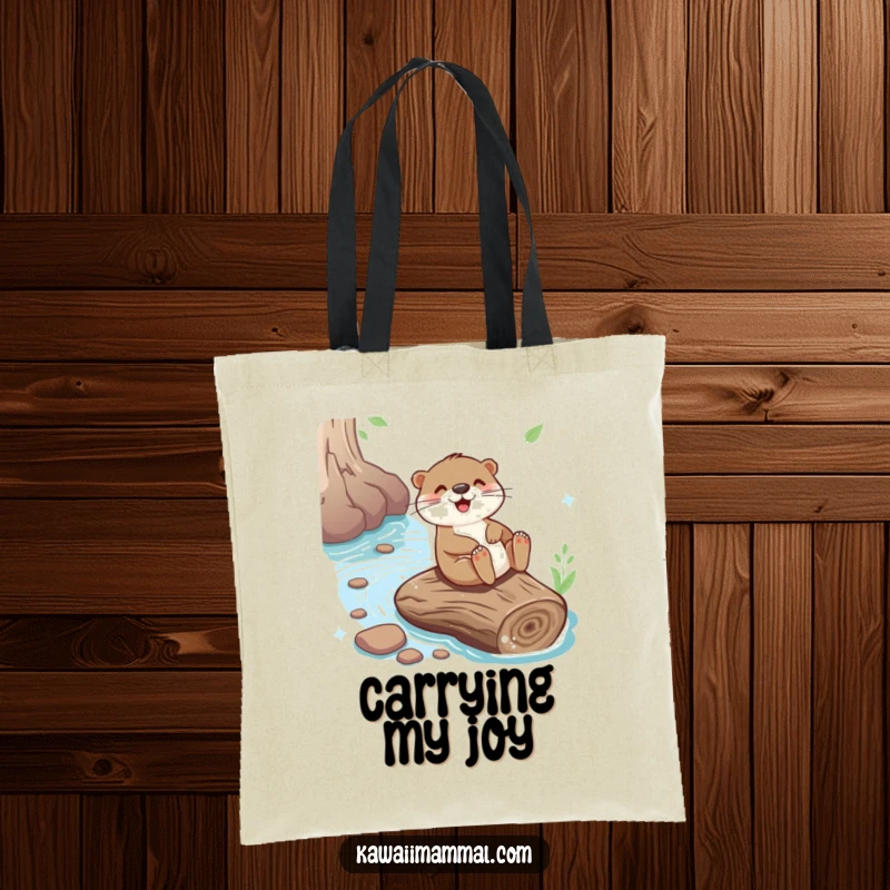 Funny tote bag featuring a playful otter sliding down a river log, perfect for adventures and carrying funny gifts.