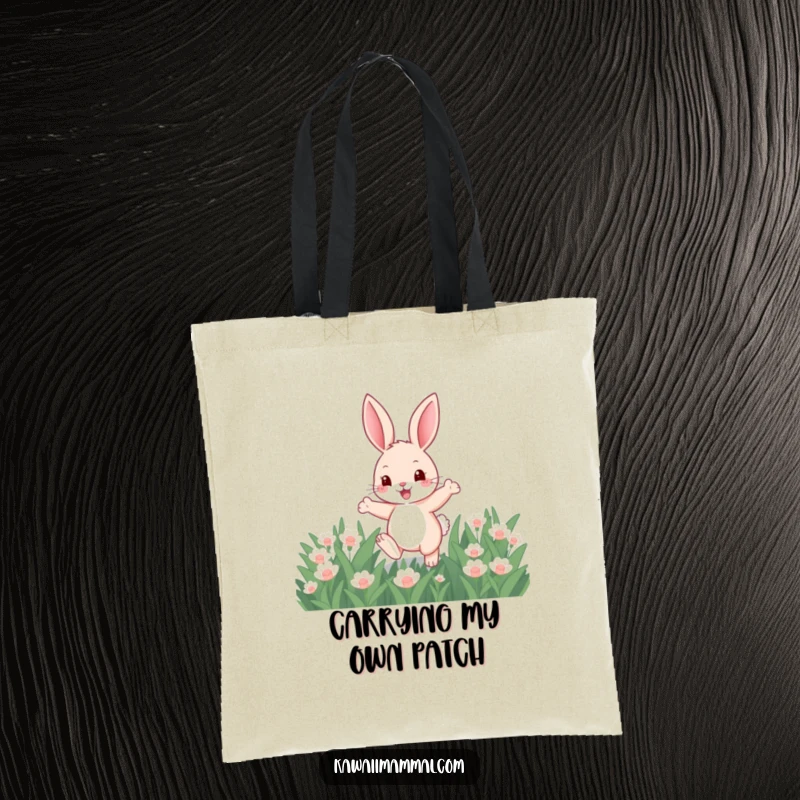 Funny tote bag showcasing a cute, enthusiastic bunny mid-hop amidst lush clover, perfect for carrying essentials with style and humor.
