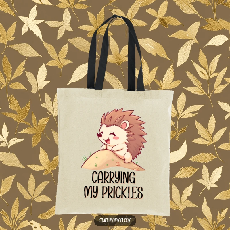 Funny Hedgehog Tote Bag featuring a joyful hedgehog character with quills sticking out, hilariously trying to roll down a hill.