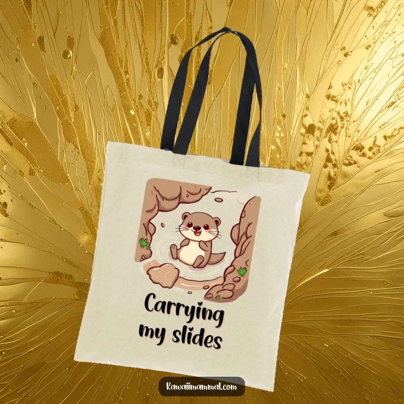 Funny tote bag showing a happy otter character sliding down a muddy embankment, ideal for carrying essentials with a splash of watery fun.