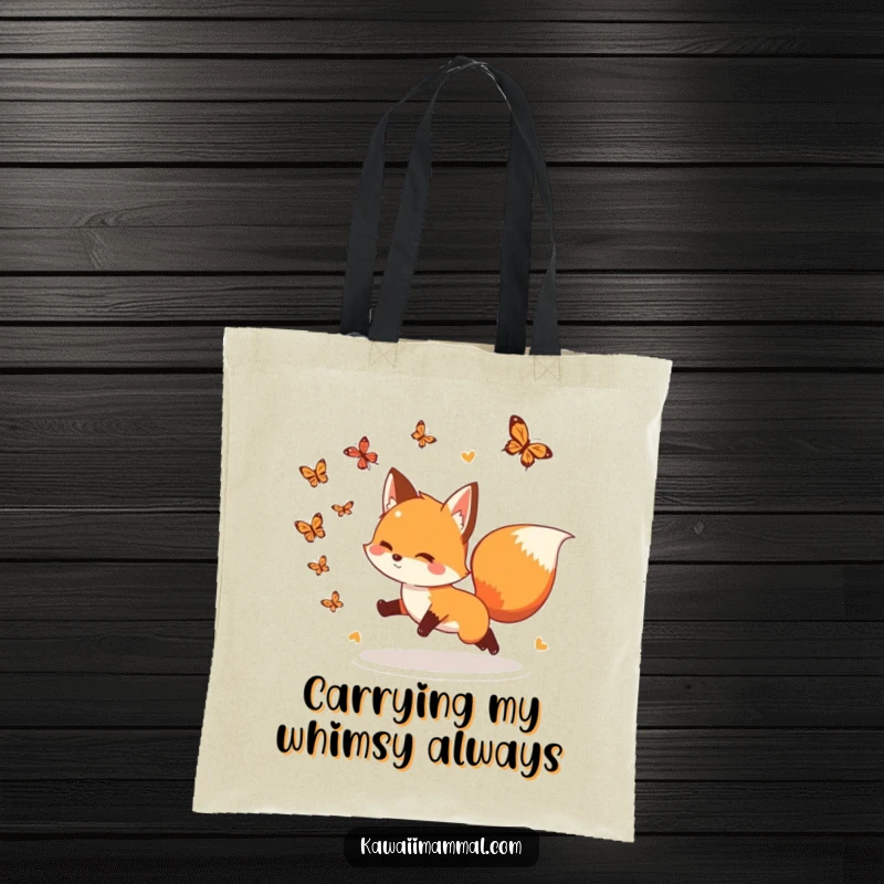 Funny Tote Bag: A playful fox with a bushy tail excitedly chases butterflies, perfect for carrying treasures and smiles.