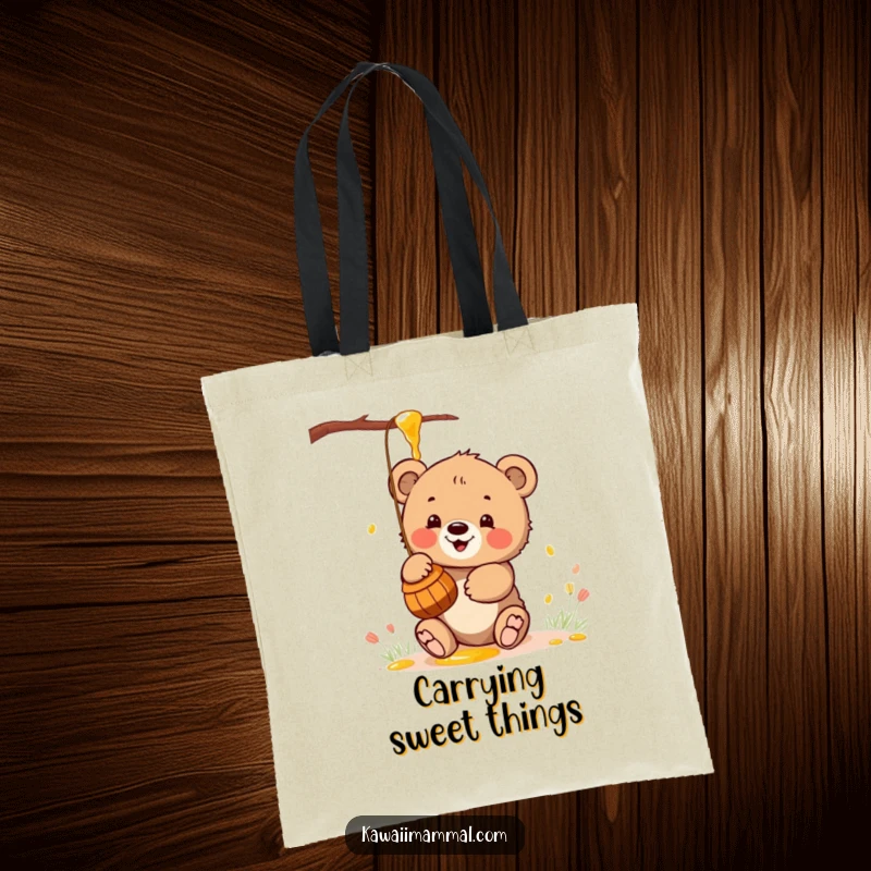 Funny tote bag featuring a kawaii bear cub enthusiastically batting at a honey pot, perfect for carrying sweet essentials.