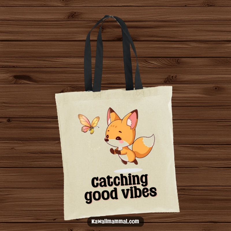 Funny fox tote bag showcasing a curious character playfully chasing a luminous butterfly, perfect for carrying treasures and a sense of wonder.