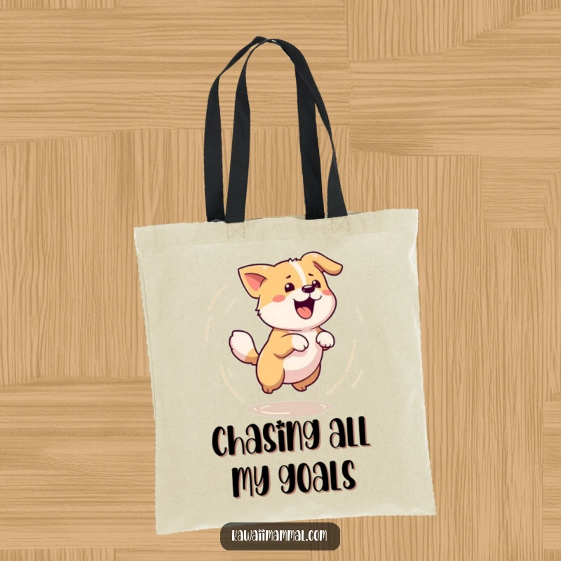 Funny tote bag featuring a Kawaii dog in a dizzy tail-chasing frenzy, perfect for carrying groceries with canine charm.