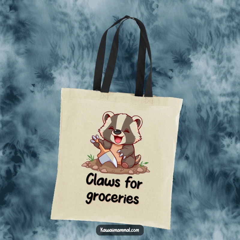Funny Badger Tote Bag with a delighted badger character happily digging with oversized claws, a sturdy and amusing accessory for carrying goods.