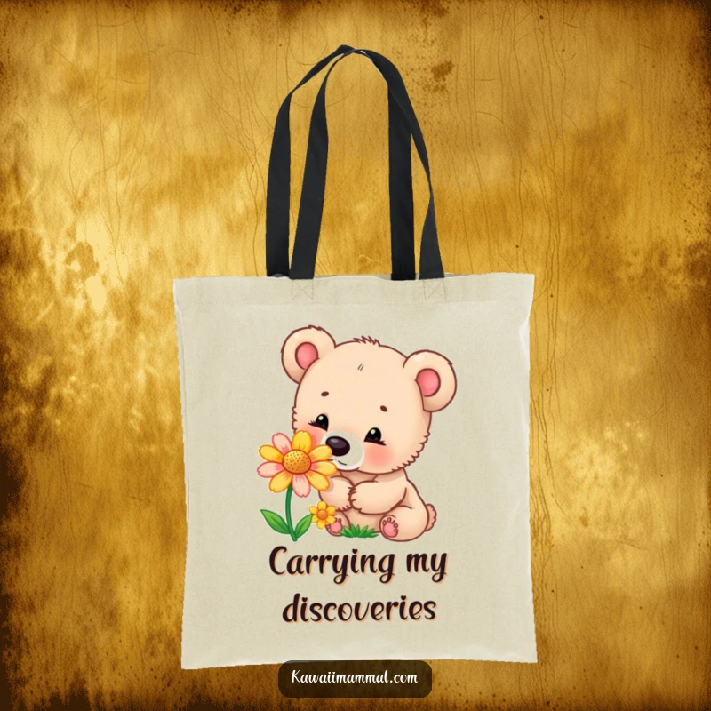 Funny tote bag showing a curious bear cub sniffing a colorful flower, perfect for carrying items with a boost of woodland charm.