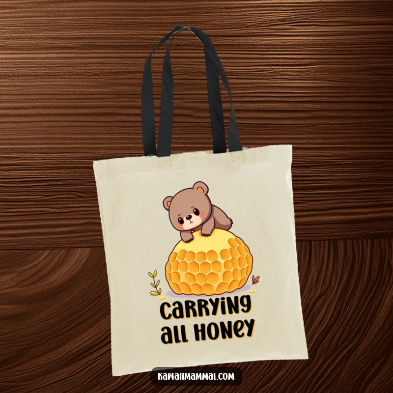 Funny tote bag featuring a determined bear balancing on a massive honeycomb, symbolizing a sweet but tricky goal.