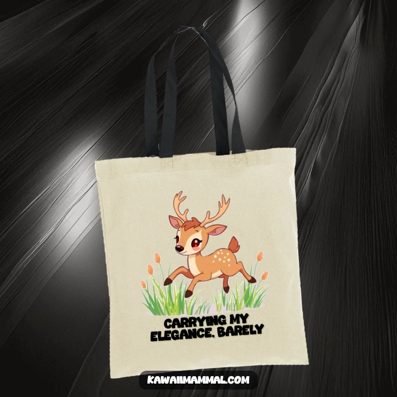 Funny Tote Bag: A cheerful deer with graceful antlers gracefully leaps through tall grass, perfect for carrying essentials with style.