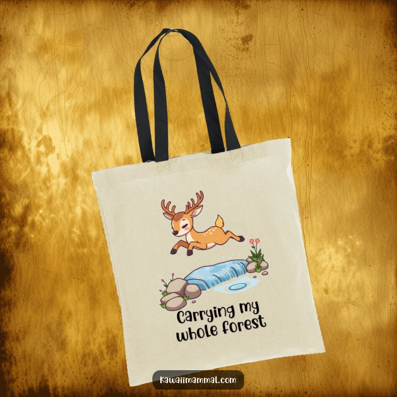Funny determined deer tote bag, illustrating its determined leap over a sparkling stream, ready for daily adventures with a smile.