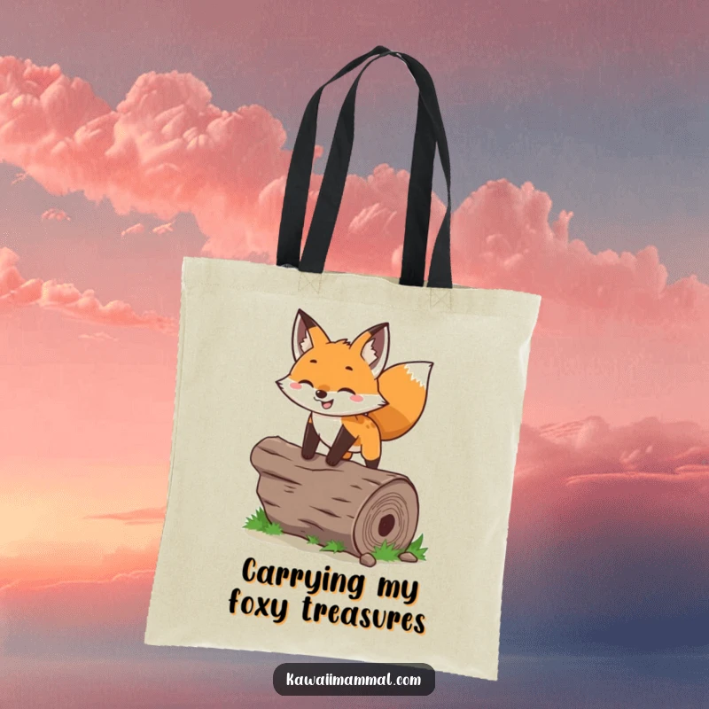 Funny fox tote bag showcasing a joyful character in mid-leap over a log, highlighting its energetic and playful spirit.