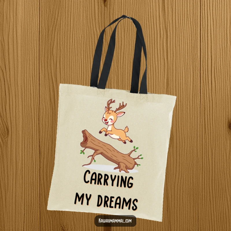Funny joyful deer character, gracefully jumping over a fallen branch, on a charming and humorous tote bag.