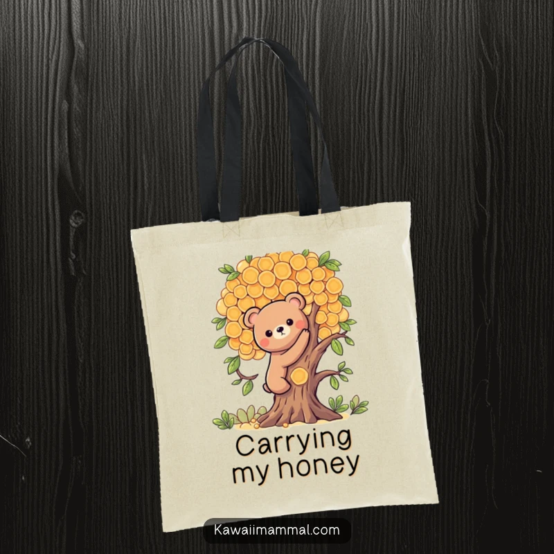 Funny tote bag featuring a Kawaii bear character climbing a honeycomb tree, perfect for carrying groceries with a sweet, adventurous design.