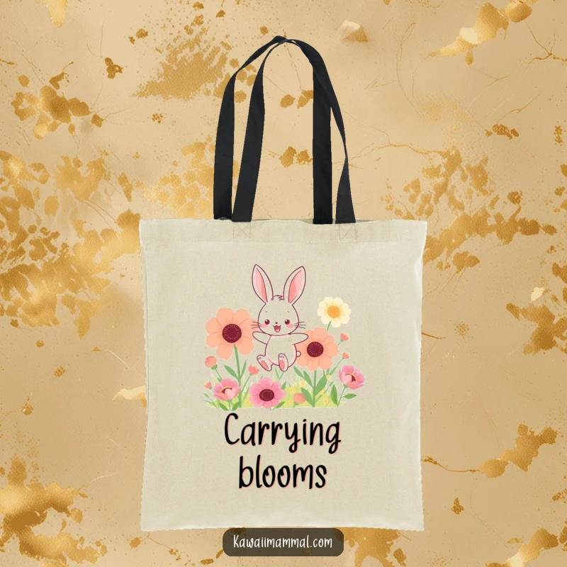 Funny tote bag featuring a kawaii bunny joyfully hopping through a field of giant flowers, ideal for carrying everyday treasures.