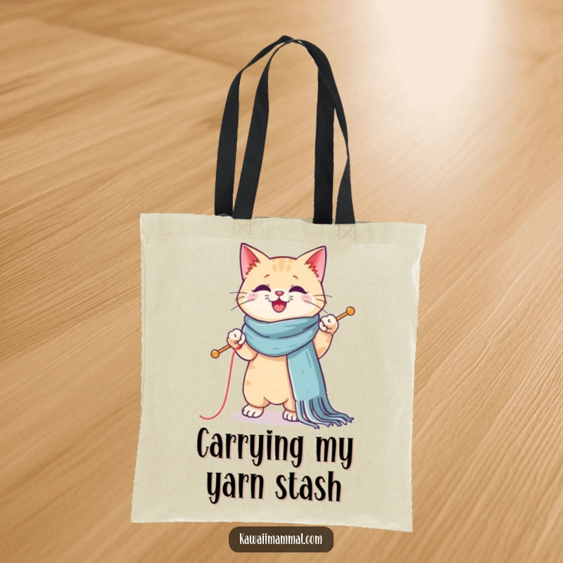 Funny tote bag depicting a Kawaii cat attempting to knit a giant scarf while maintaining a single-paw balance, great for carrying supplies.