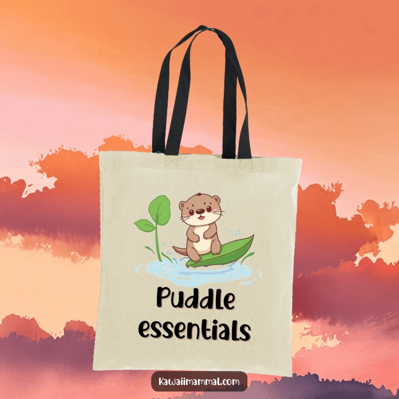 Funny Kawaii Otter Tote Bag: Features a cute otter bravely surfing on a leaf in a puddle, a symbol of funny aquatic fun.