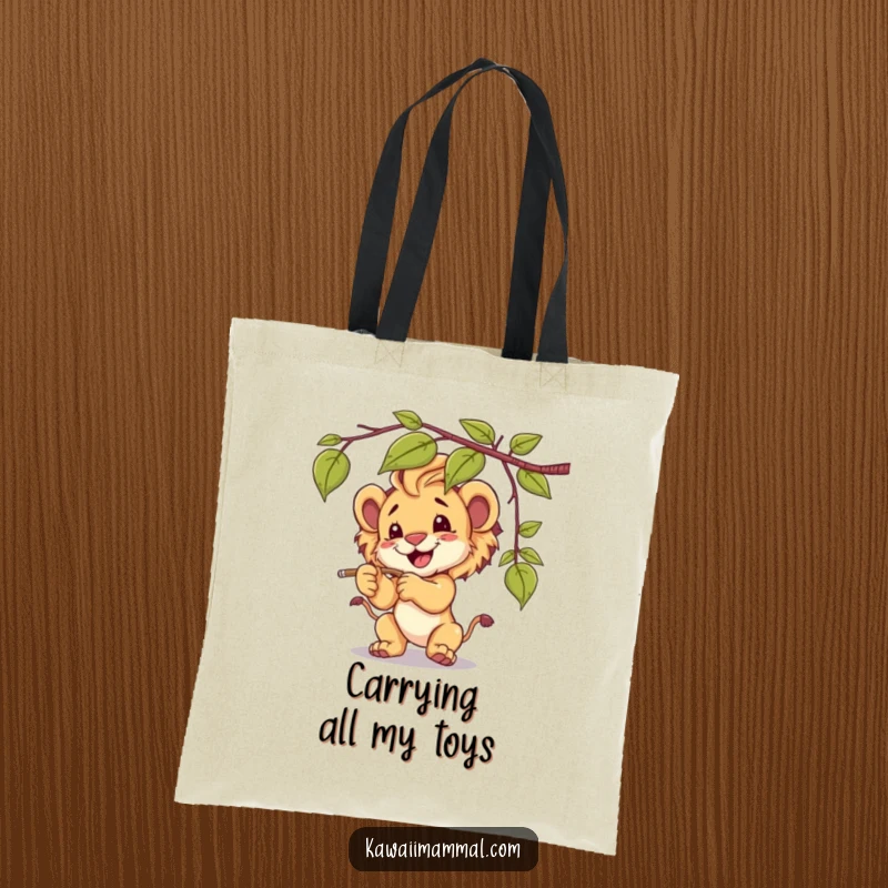 Funny lion cub tote bag, showing it batting at a dangling vine, a charming accessory for daily errands.