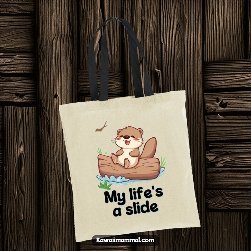 Funny otter sliding down a giant river log on a tote bag, ready for carrying daily items.