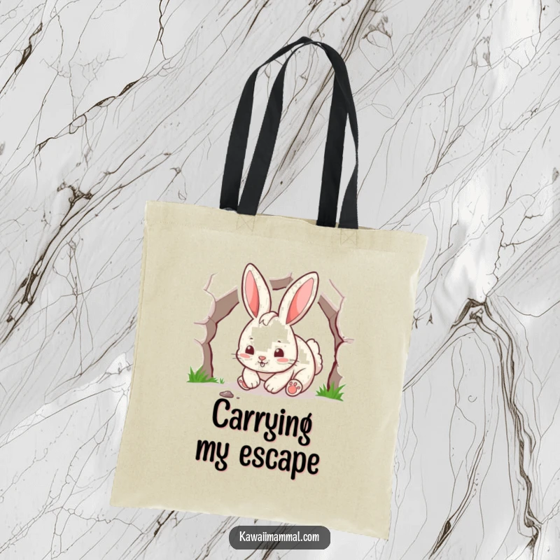 Funny playful rabbit character, energetically digging a tunnel, on a charming and humorous tote bag.