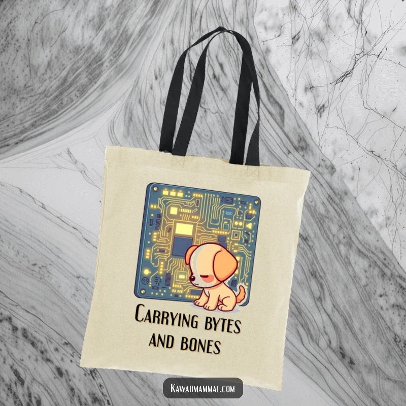 Funny tote bag with a curious puppy character sniffing a large, bright circuit board, showcasing a love for technology and dogs.