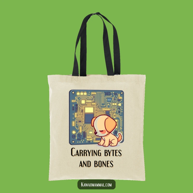 Funny Puppy Tote Bag: Curious Pup & Glowing Circuit Board - Eco-Friendly Funny Gift