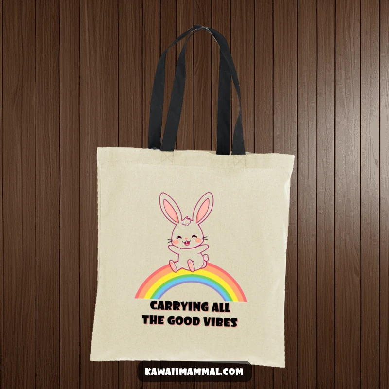 Funny Tote Bag: A joyful rabbit with long, floppy ears enthusiastically hops over a rainbow, perfect for carrying smiles and essentials.