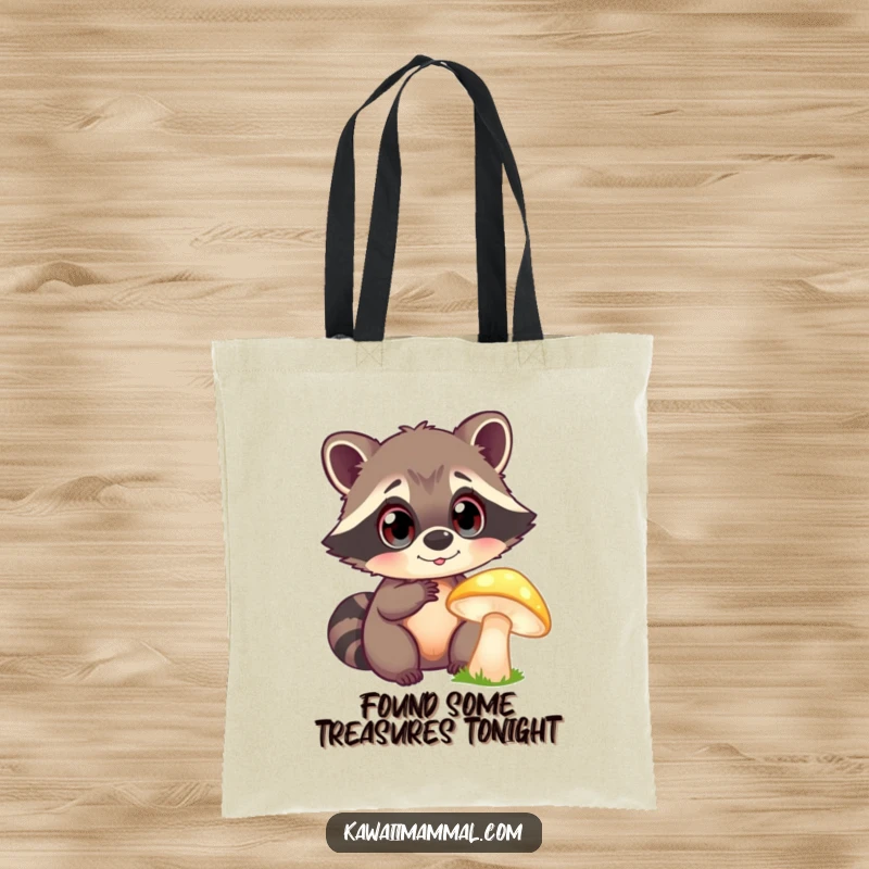 Funny Tote Bag: A curious raccoon with bright eyes enthusiastically examines a glowing mushroom, perfect for carrying treasures and smiles.