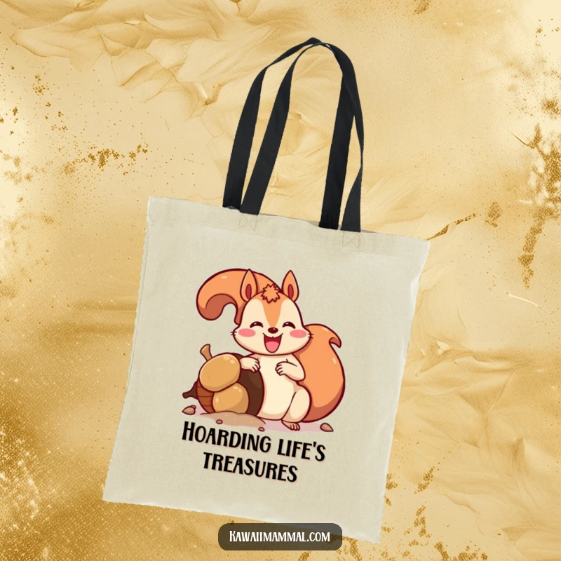 Funny tote bag showing an enthusiastic squirrel burying a massive acorn, ideal for carrying essentials with a side of woodland humor.