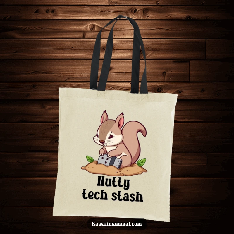 Funny tote bag with a determined squirrel character burying a USB drive, illustrating a humorous take on data security.