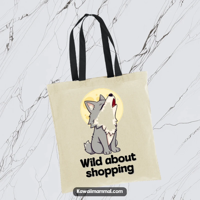 Funny Wolf Tote Bag with a proud wolf character howling at a cartoon moon, a stylish and useful accessory for carrying items.