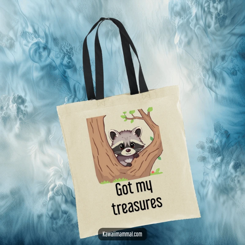 Funny tote bag illustrated with a curious raccoon peeking playfully from behind a tree, adding charm.