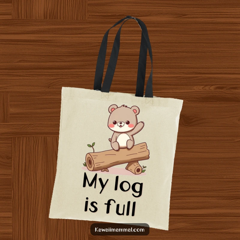 Funny tote bag depicting a curious bear character excitedly balancing on a shaky log, with a look of pure concentration.